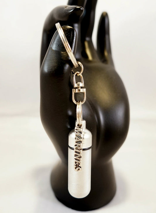 Brushed Silver MARINES Cremation Urn on Stainless Steel Swivel Keyring, with Velvet Pouch & Fill Kit - Custom Engravable - Military Keepsake