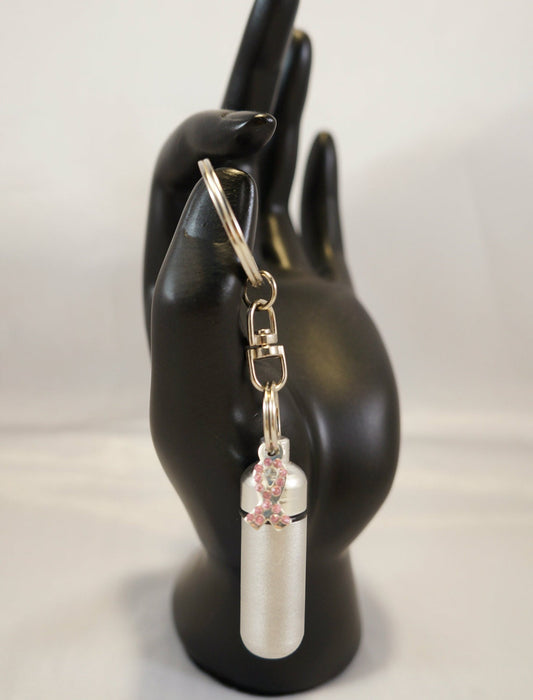 Brushed Silver Cremation Urn with BREAST CANCER Pendant on Stainless Steel Swivel Keyring - Hand Assembled with Velvet Pouch