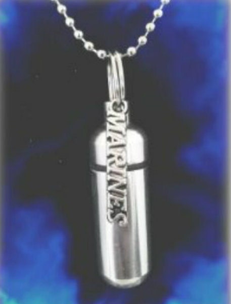 Silver Cremation Urn & Vial on 24" Silver Curb Necklace with MARINES Pendant - Hand Assembled.... with Velvet Pouch and Fill Kit