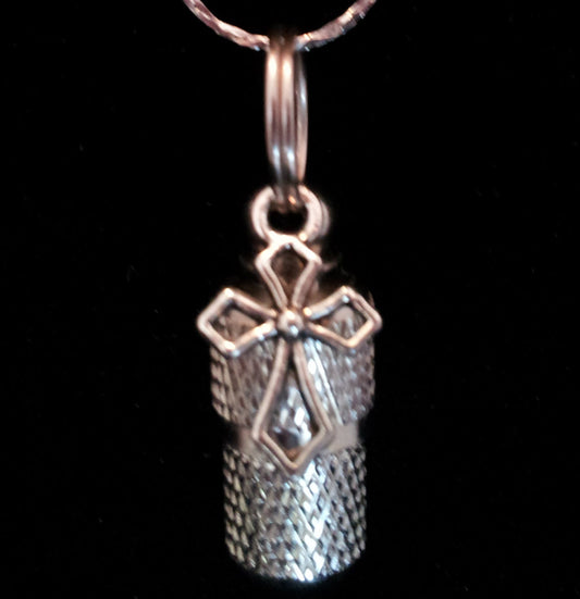 Beautiful MINI CREMATION URN  on 18" Curb Chain Necklace with Antique Silver Cross - Hand Assembled - Includes Velvet Pouch and Fill Kit