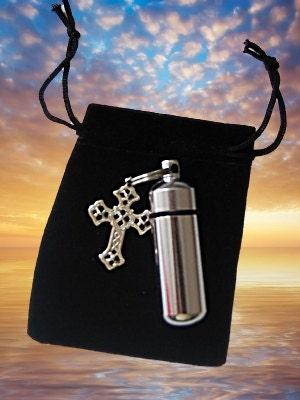 Set of FIVE Silver Cross Polished Anointing Oil Holders with 5 Velvet Pouches, 5 Ball-Chain Necklaces - Prayer, Healing, Baptism