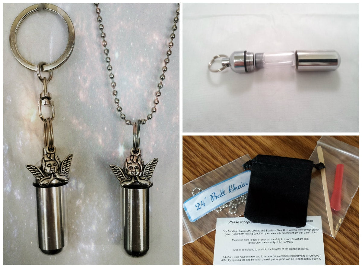 Baby ANGEL  2pc. Special Set - Cremation Urn Necklace & Keychain Urn and Velvet Pouches