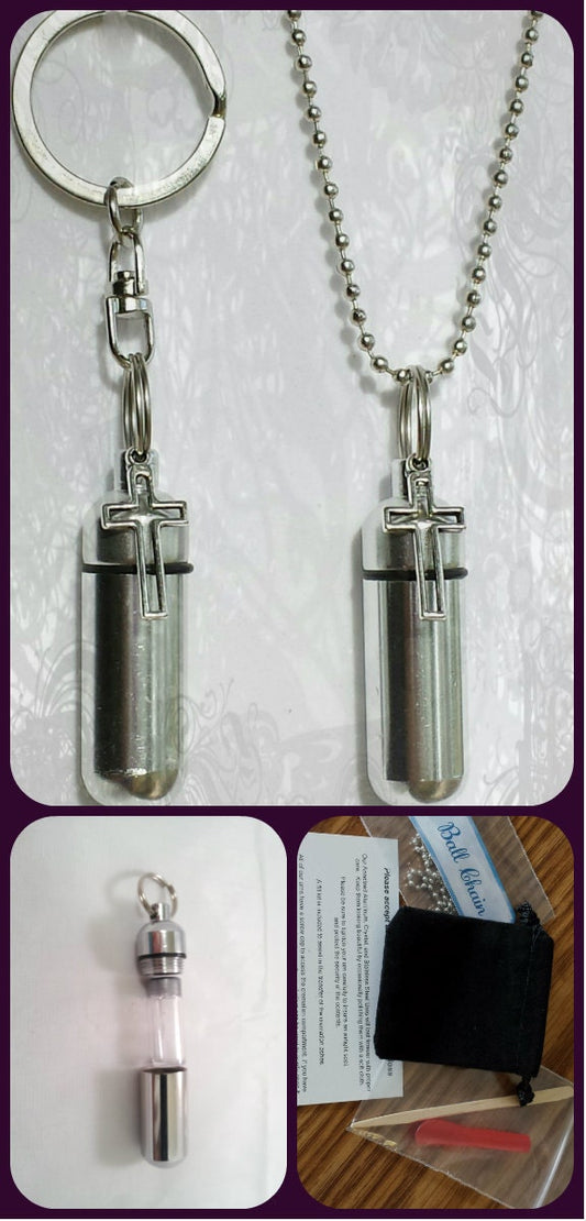 Hollow Cross 2pc. Special Set - Cremation Urn Necklace & Keychain Urn with Velvet Pouches and disposable FIll Kit