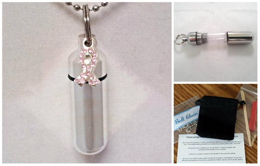 Complete Set - Breast Cancer Awareness - Cremation Urn on 24" Necklace - Hand Assembled.... with Velvet Pouch and Fill Kit