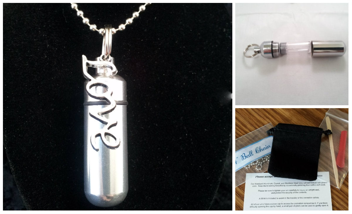 Complete Set - Cursive LOVE Cremation Urn on 24" Necklace  - Hand Assembled.... with Velvet Pouch and Fill Kit