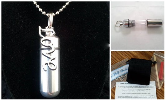 Complete Set - Cursive LOVE Cremation Urn on 24" Necklace  - Hand Assembled.... with Velvet Pouch and Fill Kit