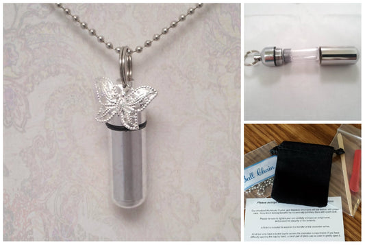 Complete CREMATION URN Set - Lace BUTTERFLY on 24" Ball-Chain Necklace with Velvet Pouch and Fill Kit