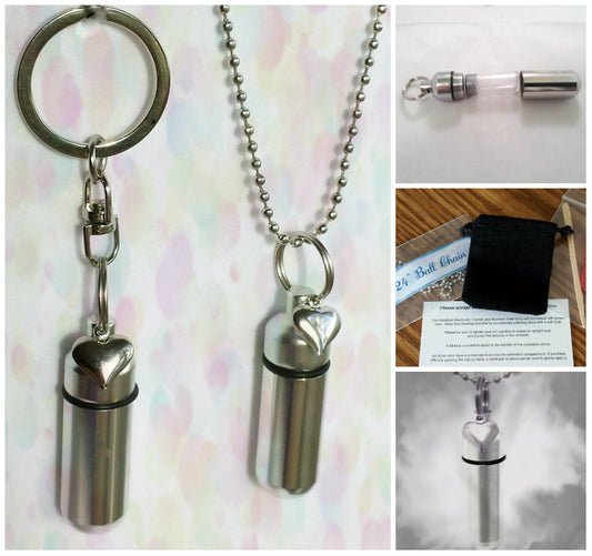 Puffed HEART 2pc. Special Set - Cremation Urn Necklace & Keychain Urn and Velvet Pouch