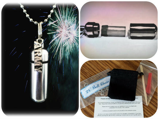 Complete Set - ARMY Cremation Urn on 24" Steel Necklace  - Hand Assembled with Velvet Gift Pouch and Fill Kit - Custom Engravable
