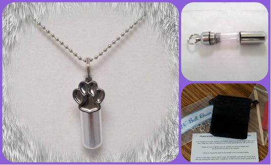 Hematite PAW Pet Cremation Urn on 24" Steel Necklace, with Velvet Pouch & Fill Kit, Memorial Keepsake, Ashes Jewelry, Pet Loss -  ENGRAVABLE