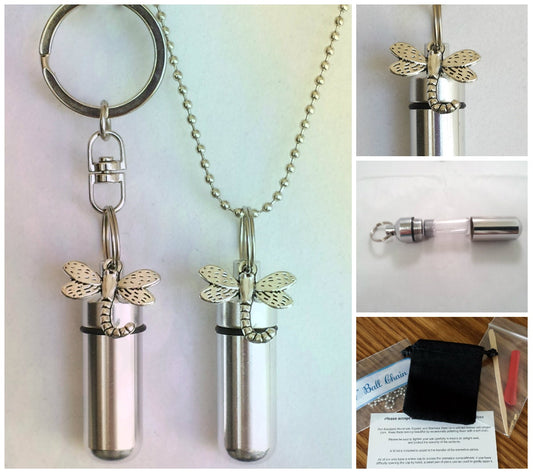 DRAGONFLY 2pc. Special Set CREMATION URN Necklace & Keychain Urns, Ashes Keepsake, Urn Jewelry, Memorial Jewelry, Cremation Jewelry, Pet Urn