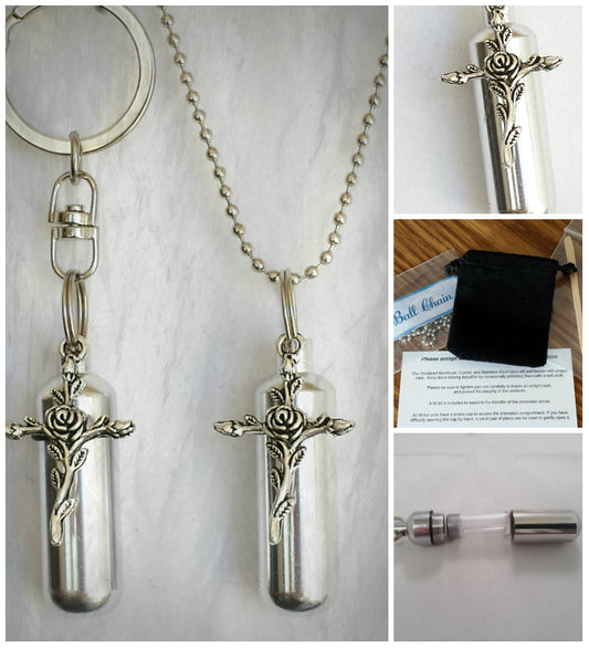 Rose Cross  2pc. Special Set - Cremation Urn Necklace & Keychain Urn and Velvet Pouches