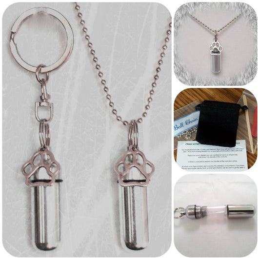 Dog/Cat/Pet PAW  2pc. Special Set - Cremation Urn Necklace & Keychain Urn and Velvet Pouches