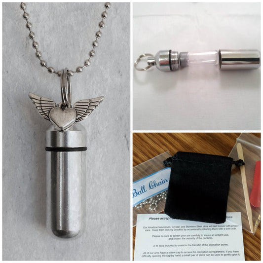 Complete Set - Winged Heart  Cremation Urn on 24" Necklace  - Hand Assembled.... with Velvet Pouch and Fill Kit
