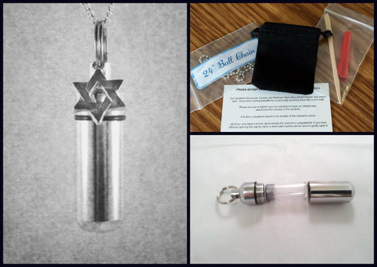 Complete Set - Jewish Star Of David - Cremation Urn on 24" Necklace - Hand Assembled.... with Velvet Pouch and Fill Kit