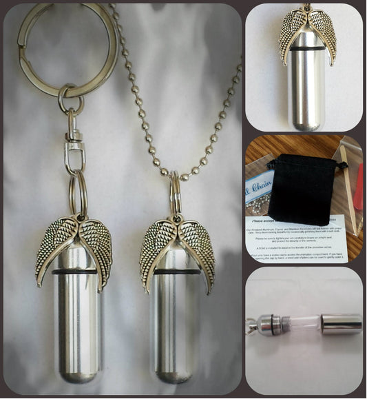 Spread Angel Wings  2pc. Special Set - Cremation Urn Necklace & Keychain Urn and Velvet Pouches