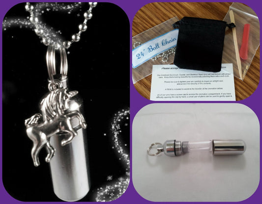 Cremation Urn/holder on 24" Steel Ball-Chain Necklace with UNICORN - Mourning Jewelry, Ashes Necklace, Child Urn, Pet Urn, Personalized Urn