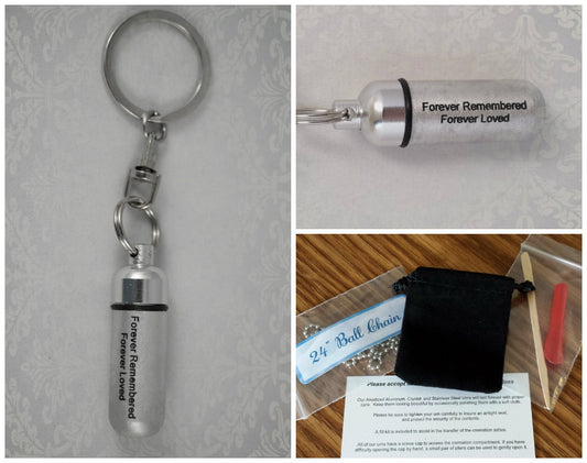 Engraved "Forever Remembered, Forever Loved" Brushed Silver Cremation Urn Swivel Keychain - Hand Assembled.... with Velvet Pouch & Fill Kit