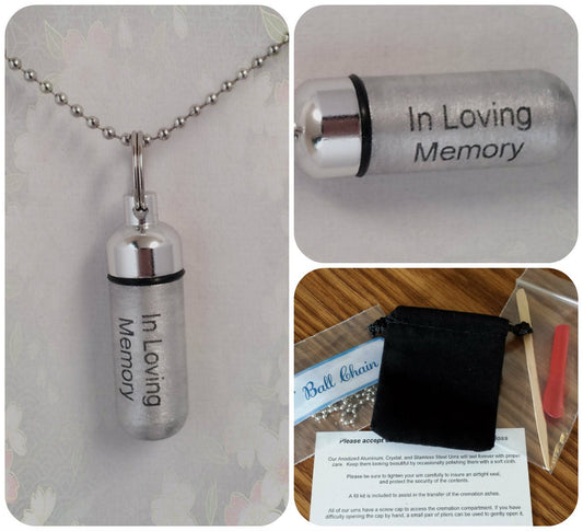 Engraved "In Loving Memory" - Cremation Urn Necklace - Hand Assembled.... with Velvet Pouch and Fill Kit