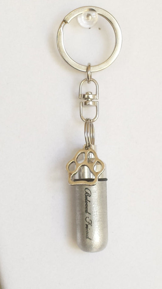 Engraved "Beloved Friend" with Gold Paw - Pet Cremation Urn Swivel Keychain - Hand Assembled with Velvet Pouch & Fill Kit - Dog Urn, Cat Urn
