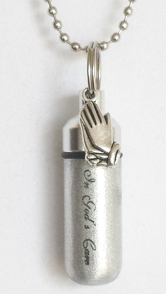 Engraved "In God's Care" w/Praying Hands   - Cremation Urn Necklace - Hand Assembled.... with Velvet Pouch and Fill Kit