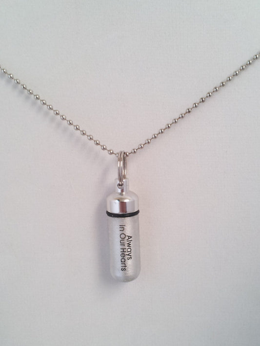 Engraved  "Always In Our Hearts"   - Cremation Urn Necklace - Hand Assembled.... with Velvet Pouch and Fill Kit