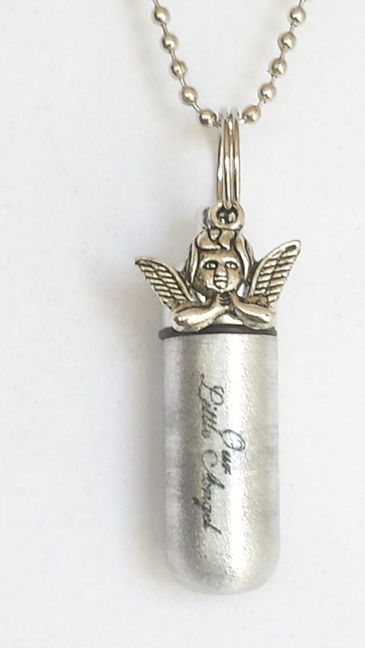Engraved "Our Little Angel" with Baby Angel  - CREMATION URN NECKLACE with Velvet Pouch and Fill Kit