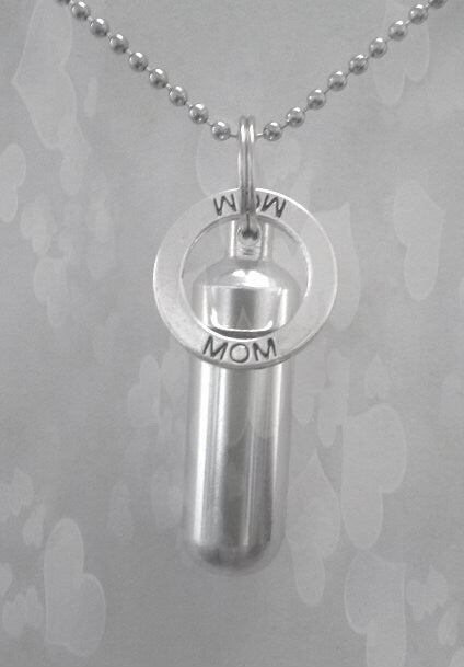 Silver CREMATION URN on 24" Ball Chain Necklace with MOM Ring Pendant - Hand Assembled with Velvet Pouch and Fill Kit
