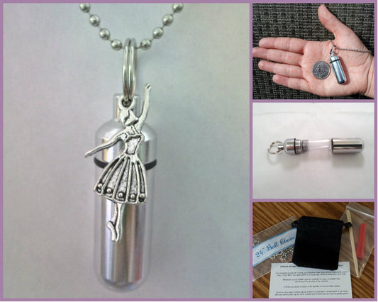 COMPLETE SET - Cremation Urn on 24" Necklace with BALLERINA - Hand Assembled....w/Velvet Pouch and Fill Kit