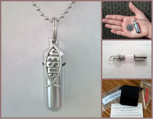COMPLETE SET - Cremation Urn & holder on 24" NECKLACE  with Jesus Fish Charm - Hand Assembled.... With Velvet Pouch and Fill Kit