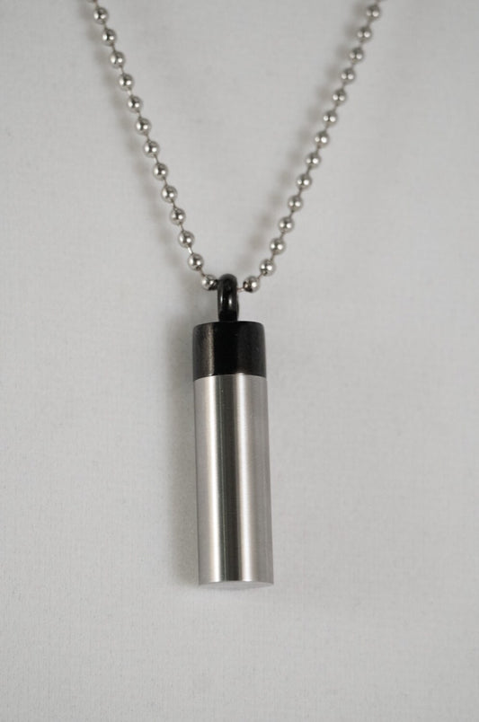 Classic Stainless Steel with Black Cap - Cremation Urn on 24" Ball-Chain Necklace - with Velvet Pouch