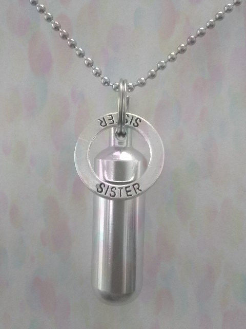 Silver Cremation Urn & holder on 24" Silver Necklace with SISTER Pendant - Hand Assembled.... with Velvet Pouch and Fill Kit