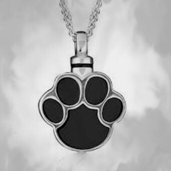 Stainless Steel Silver/Black Paw Shaped Cremation Urn on 24" Ball-Chain Necklace with Velvet Pouch & Fill Kit, Pet Urn, Pet Ashes, Keepsake