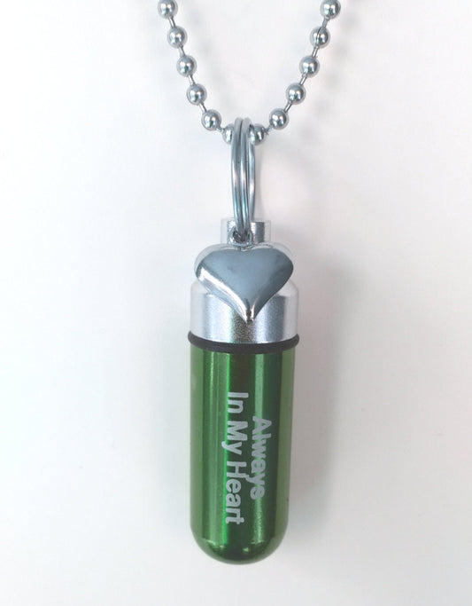 Green Engraved "Always In My Heart" with Silver Heart  - Cremation Urn Necklace - Hand Assembled.... with Velvet Pouch and Fill Kit