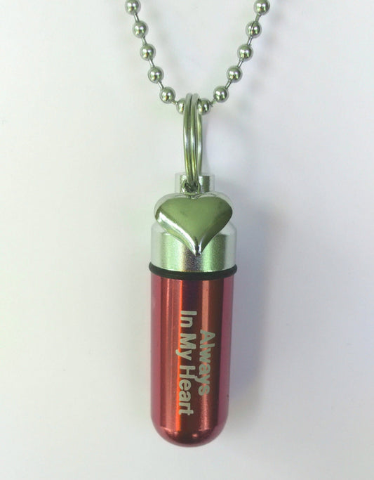 Red/Silver Engraved "Always In My Heart" CREMATION URN NECKLACE with Silver Heart - Hand Assembled - with Velvet Pouch and Fill Kit