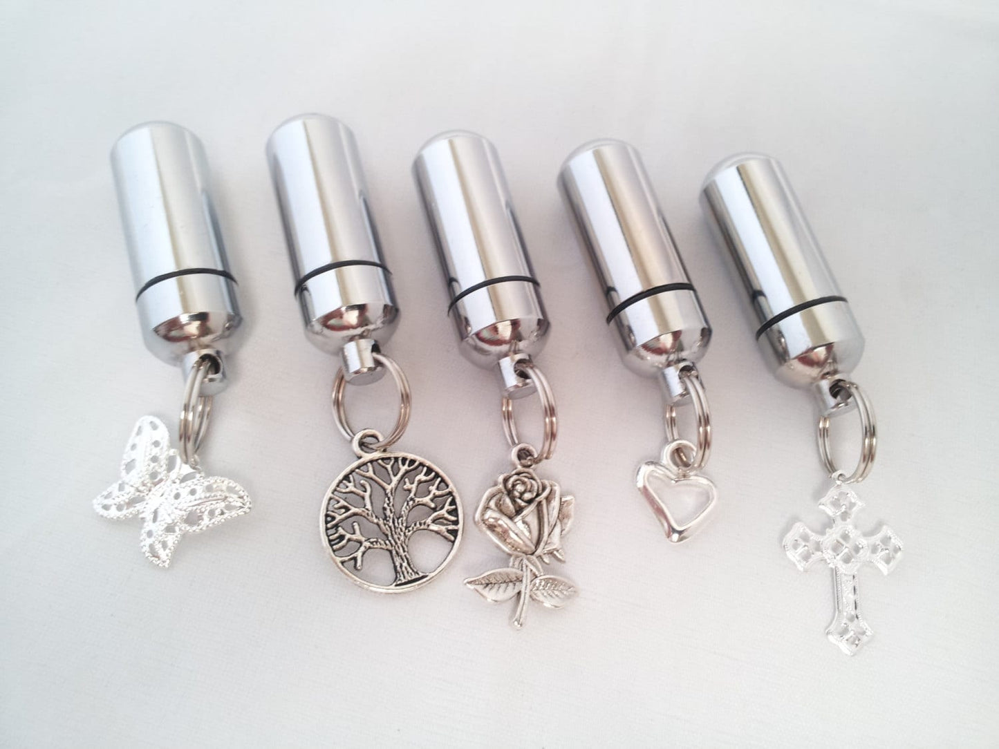 Set of FIVE Assorted CREMATION URN Necklaces, Tree of Life/Butterfly/Rose/Cross/Heart, Memorial Jewelry, Ashes Keepsake, Personalized Urn