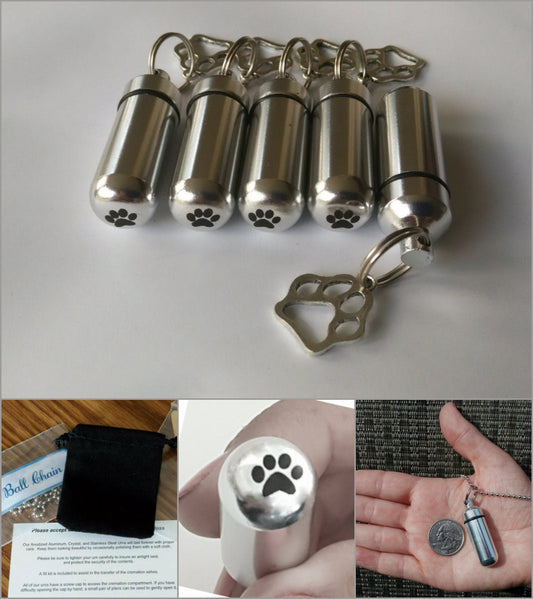 Dog/Cat/Pet Set of 5 Silver Paw CREMATION URN Necklaces with Engraved Paws on Bottom - Includes 5 Pouches, 5 Ball-Chains & Fill Kit