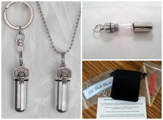 Basketball  2pc. Special Set - Cremation Urn Necklace & Keychain Urn with Velvet Pouches